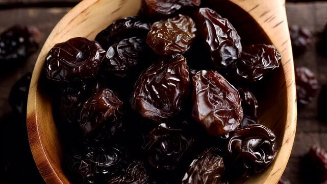 A closeup shot of a wooden bowl filled with dried prunes on a rustic wooden surface. The prunes are dark brown, with a glossy sheen, and they are arranged in a circular pattern.