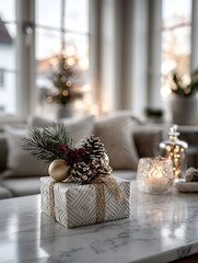 Gift wrapped with natural decorations in a cozy living room during the holiday season