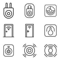 Comprehensive smart home outline icon set featuring various devices and systems silhouette