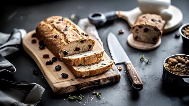 sliced loaf of bread with raisins on a wooden cutting boardslices of raisin bread on a cutting board with a knife and a cup of coffee in the background.