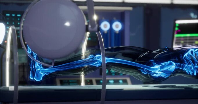 A realistic x ray representation showcases the human skeletal structure within a medical laboratory. The blue outline highlights each bones detail, emphasizing anatomical features.