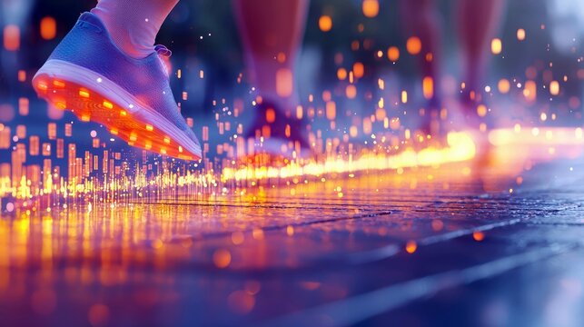 Close-up of a runner's foot in motion, with a glowing digital trail and futuristic lighting effects. The image evokes speed, technology, and energy.