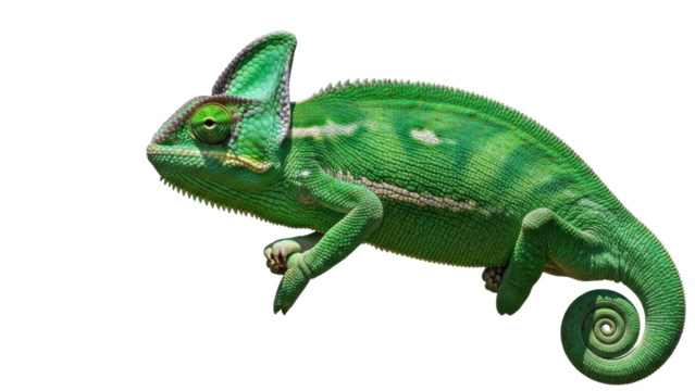 Isolated veiled chameleon pet in nature, animal with green skin and curled tail for reptile care