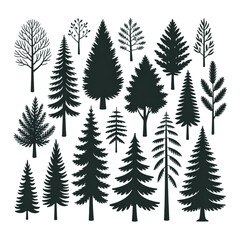 Obraz premium Collection of diverse tree silhouettes and outlines on black trees