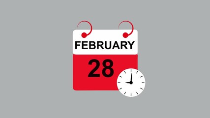 February month 28 date calendar Page with Clock Icon animation on white Background. Digital calendar month concept design.