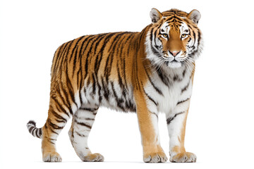 Fototapeta premium A majestic tiger, a powerful animal and apex predator of the Asian wildlife, stands alert and isolated on a pure white background, its intense gaze fixed forward.