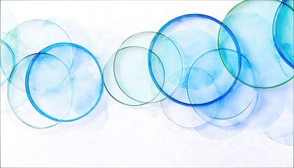 An abstract watercolor painting featuring overlapping blue and green circles against a white background.