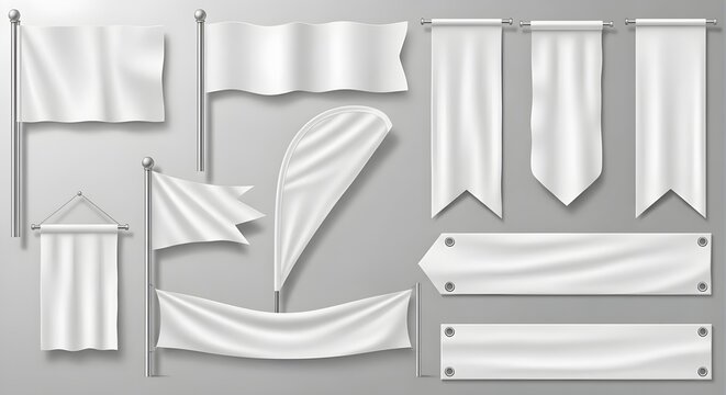Illustration of various blank white flags banners and pennants on gray background