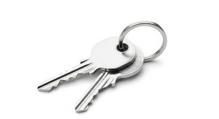 Two silver keys on a keyring isolated on white background