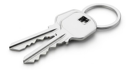 Two silver keys on a keyring isolated on white background