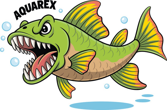 AQUAREX cartoon fish — fierce aquatic character with sharp teeth, vibrant fins, and bold nameplate in dynamic underwater illustration