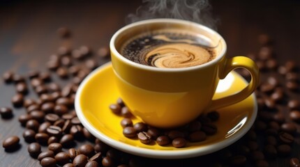 Fototapeta premium Steaming hot coffee in a yellow cup surrounded by coffee beans