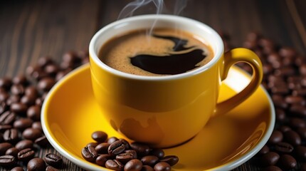 Steaming hot coffee in a yellow cup surrounded by coffee beans