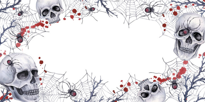 A frame with gray skulls, cobwebs, spiders, thorny branches and drops of blood, with a place for text in the center. Watercolor illustration for posters, prints, postcards, invitations.