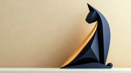 An abstract, geometric sculpture of a cat sits on a white shelf against a beige wall. The sculpture is primarily black with a gold accent.