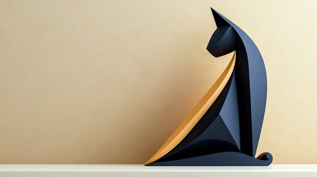 An abstract, geometric sculpture of a cat sits on a white shelf against a beige wall. The sculpture is primarily black with a gold accent.