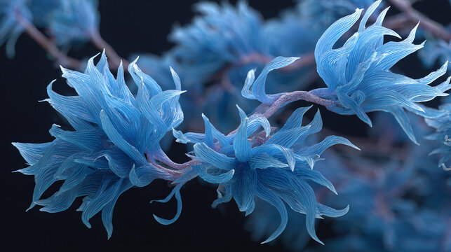 Exquisite macro of blue flowers in a subtle and dark background, highlighting their intricate details and unique beauty
