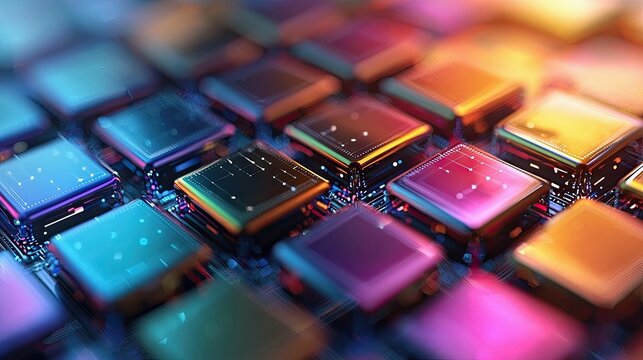 Close-up of a circuit board with colorful microchips and data lines, representing technology and innovation.