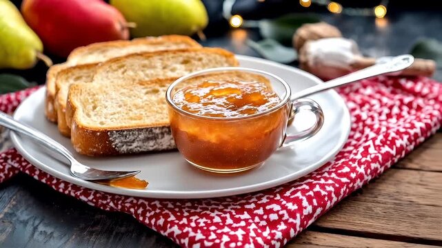 A closeup of a plate with bread and a jar of jam on it. The bread has a goldenbrown crust and the jam is a vibrant orange color.