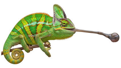 Isolated Chameleon, Bright Coloration, Extended Tongue, Insect Predator, Exotic Wildlife