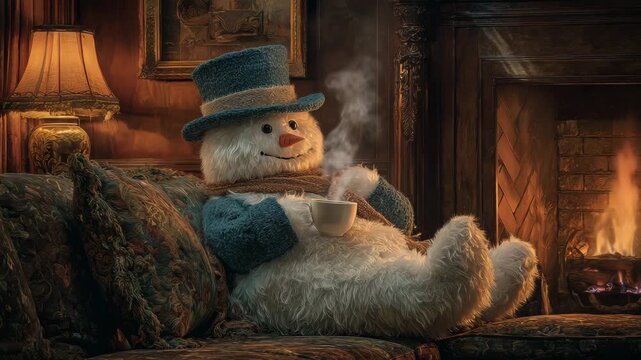 Relaxing snowman enjoying a hot drink by the fireplace with steam rising cozy winter scene for holiday greetings and seasonal promotions