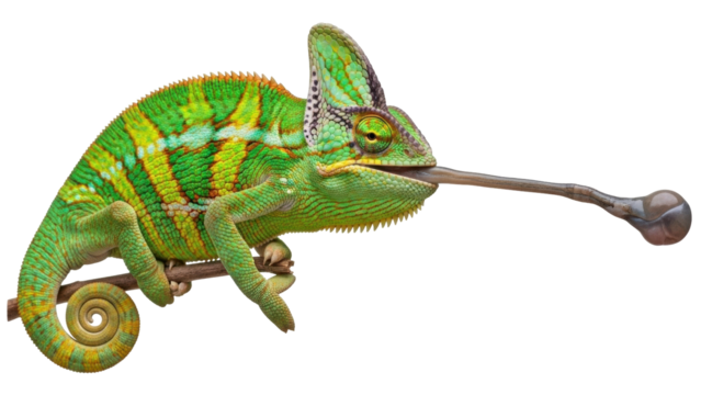 Isolated Chameleon, Bright Coloration, Extended Tongue, Insect Predator, Exotic Wildlife