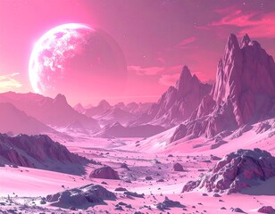 Dreamy pink alien landscape featuring majestic mountains under a massive moon, evoking a surreal & serene feeling