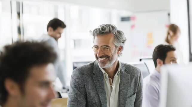 In a bright and open office space, a smiling man in a gray blazer interacts with several colleagues, fostering teamwork and positive energy. Laughter fills the air as ideas flow