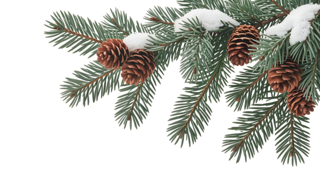 Fir branch with pine cones covered with snow isolated on transparent background