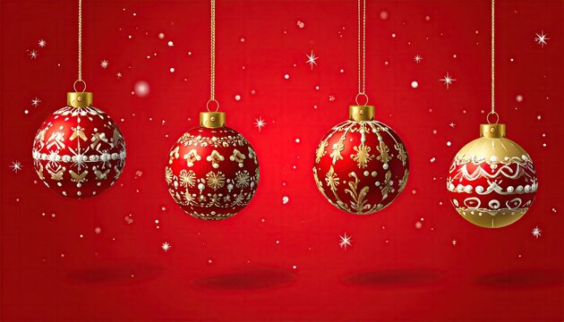 Four ornate Christmas baubles hanging on a red background with falling snow. - Powered by Adobe