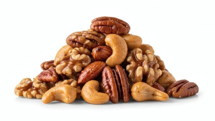 Pile of mixed nuts isolated on white background for healthy snacking