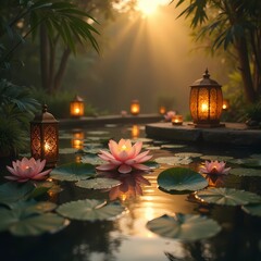 Peaceful pond with lotus flowers and lanterns in serene garden  