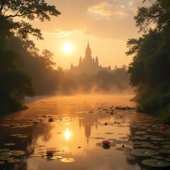 Misty river reflecting sunrise behind ancient temple in nature  