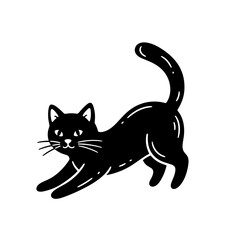 Playful Black Cat Stretching with Arched Back and Tail Up.