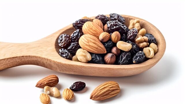 A closeup of a wooden spoon filled with a variety of nuts and dried fruits. The spoon is placed on a white surface, and the background is plain white.