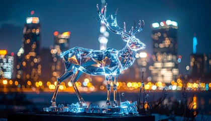Crystal deer statue glows against a blurred urban skyline at night