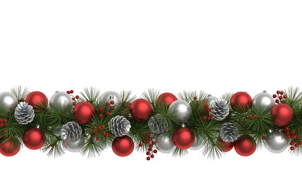 Christmas garland with red and silver ornaments isolated on transparent background