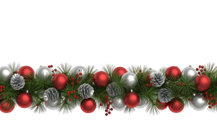 Christmas garland with red and silver ornaments isolated on transparent background