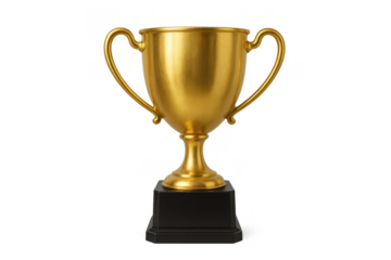 Golden trophy symbolizing success, achievement, victory, and winning, standing on a black base with transparent background