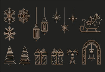 Elegant Christmas holiday decoration set with vintage copper line art ornaments and gifts isolated PNG with Transparent Background