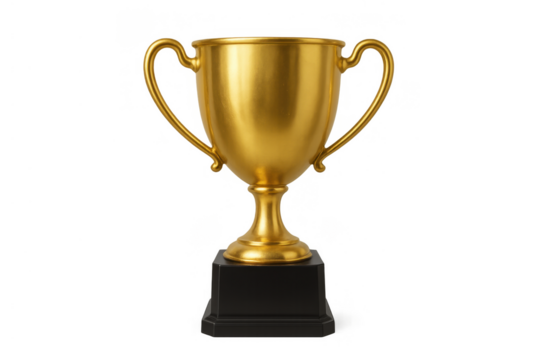 Golden trophy symbolizing success, achievement, victory, and winning, standing on a black base with transparent background - Powered by Adobe