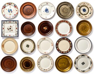 Diverse plates, various colors and designs, arranged in rows on white. Overhead shot shows unique ceramic dishes