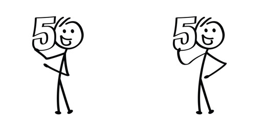 Cartoon stickman and number 50. Married for 50 years or 50 years old anniversary, abraham, sarah or wedding day. Happy Birthday. Congratulations fifty year 50th. Man or woman. Mascotte