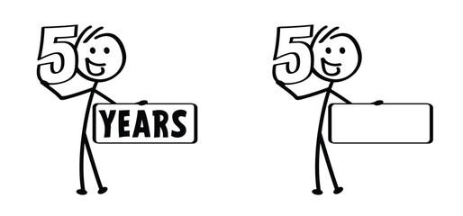 Cartoon stickman and number 50. Married for 50 years or 50 years old anniversary, abraham, sarah or wedding day. Happy Birthday. Congratulations fifty year 50th. Man or woman. Mascotte