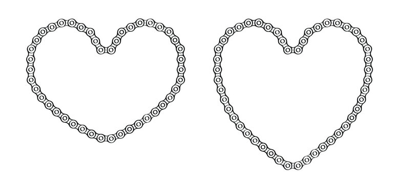 Heart, loven icon. Cartoon silhouette of the chain for bike or bicycle. Cycling line pattern. Motorcycle chain links symbol. Bicycle chains. For 14 february, valentine, valentines day.