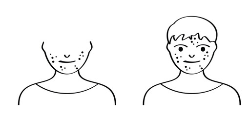 Acne on face. Skincare, dermatology examination concept silhouette. Food allergy. Red spots on body. Itchy skin.