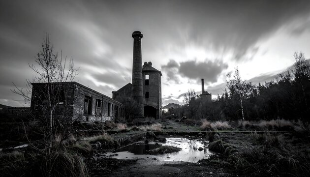 Dilapidated brick factory with tall chimney, in a monochrome landscape of puddles, weeds, and eerie cloud swirls