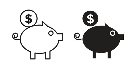 Piggy bank icon glyph and line set thin line symbol concept.