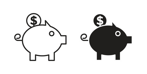 Piggy bank icon glyph and line set thin line symbol concept.