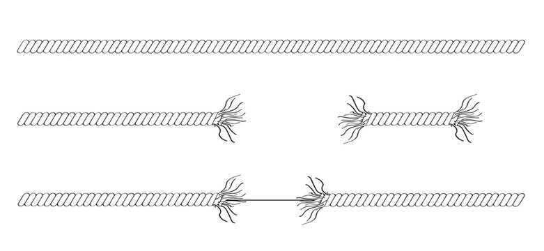 Breaking rope line. Broken rope. break, torn rope. strong ropes symbol. For business, stres concept. Broken frayed rope silhouette.